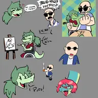 5_Fingers Abstract_Background Ahegao Anthro Bald Baryonyx Blue_Body Blue_Eyes Blushing Brachiosaurus Clothing Dialogue Disability Dress Ending_4 English_Text Epilogue Eyeshadow Female Fingers Green_Body Green_Hair Green_Scales Grey_Eyes Hair Heart_Symbol Human I_Wani_Hug_That_Gator Inco Light-Skinned_Male Light_Body Light_Skin Liz Long_Tail Makeup Male Multicolored_Body Olivia Paraplegic Ponytail Red_Hair Scales Short_Hair Sitting Smile Snout Spanish_Text Sunglasses Tail Vehicle Wheel_Chair Yellow_Sclera // 2894x2989 // 657.2KB