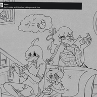 Acrocanthosaurus black_and_white children Compsognathus Food Heather(OC) Judee Monochrome Original_Character Sam_(Schizo's_Daughter) sketch troodon // 1594x1468 // 2.7MB