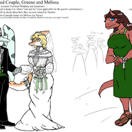 Blushing Carnotaurus Color Dress glasses Green hand_holding Janet_(OC) Melissa_(Naomi's_Daughter) Original_Character Parasaurolophus Pterodactyl text Wedding_Dress // 3261x1804 // 957.3KB