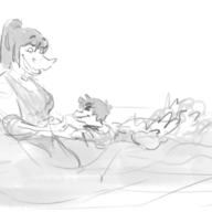 Baryonyx children Human I_Wani_Hug_That_Gator Inco Monochrome Olivia Original_Character sketch Swimwear Trent_D_Nito // 953x482 // 177.6KB