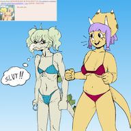 4chan Bikini Breasts Color Cynthia_(Stella's_Daughter) Lavender Original_Character Stegosaurus Swimwear Triceratops // 1000x950 // 420.2KB
