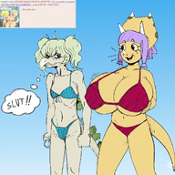 4chan ai Bikini Breasts Color Cynthia_(Stella's_Daughter) edit Lavender Original_Character Stegosaurus Swimwear text Triceratops // 1061x1008 // 1.3MB