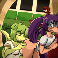 Alternate_Outfit Anon Aquilops Blushing Color Foreplay glasses Raptor Rosa Sage Stegosaurus Stella Volcano_High_School // 1356x1125 // 3.0MB