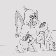 Anon black_and_white Front-Facing glasses hand_holding Monochrome Original_Character Pterodactyl Tusk // 2108x1325 // 887.0KB