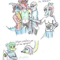 Baryonyx Ben Blushing Brachiosaurus Damien Dilophosaurus Gay glasses I_Wani_Hug_That_Gator Inco Liz Olivia Parasaurolophus Sophia Spanish_Text // 2100x2779 // 946.9KB