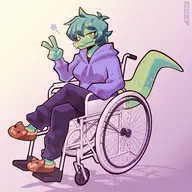 5_Fingers Abstract_Background Anthro Baryonyx Claws Clothing Disability Eyelashes Female Fingers Flippers Gesture Green_Body Green_Hair Green_Scales Grey_Eyes Hair Hoodie I_Wani_Hug_That_Gator Long_Tail Olivia Paraplegic Scales Short_Hair Smile Snout solo Tail V_Sign Vehicle Wheel_Chair Yellow_Sclera // 3203x3254 // 768.2KB