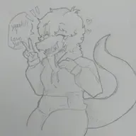 5_Fingers Anthro Baryonyx black_and_white Clothing Dialogue English_Text Eyelashes Eyes_Closed Female Fingers Gesture Hair Heart_Symbol Hoodie I_Wani_Hug_That_Gator Long_Tail Monochrome Olivia Scales Short_Hair sketch Smile Snout solo Tail V_Sign White_Background // 2048x2048 // 311.7KB