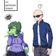 Anthro Bald Baryonyx Clothing Confused Duo English_Text Eyelashes Eyewear Female Frustrated Frustration_Cloud Green_Body Green_Hair Green_Scales Grey_Eyes Hair Hoodie Human I_Wani_Hug_That_Gator Inco Jacket Long_Tail Male MaleFemale Olivia Paraplegic Question_Mark Short_Hair Sitting Snout Sunglasses Tail Vehicle Wheel_Chair White_Background Yellow_Sclera // 1536x2048 // 233.9KB